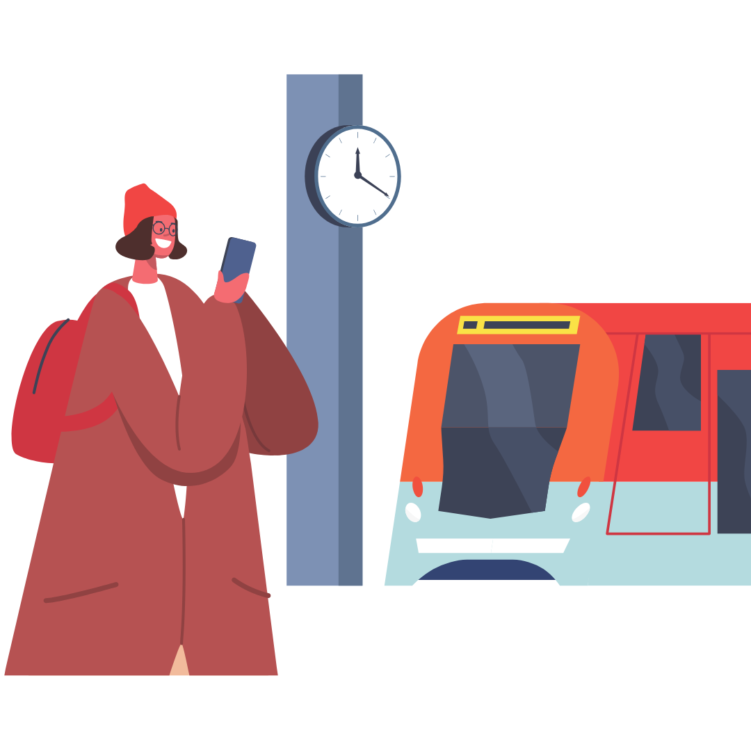 Illustration of a woman looking at her phone with a train and a clock on a pole