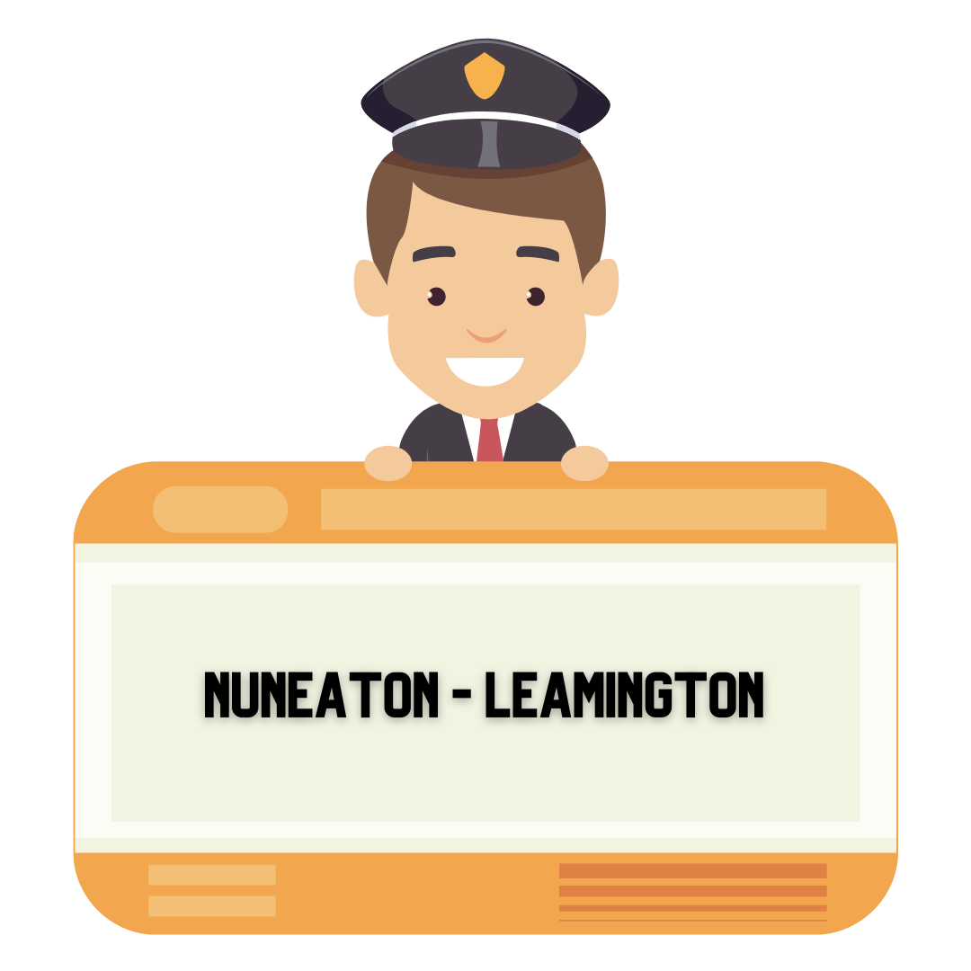 Illustration of a male train conductor holding an oversized train ticket with the words Nuneaton - Leamington on it