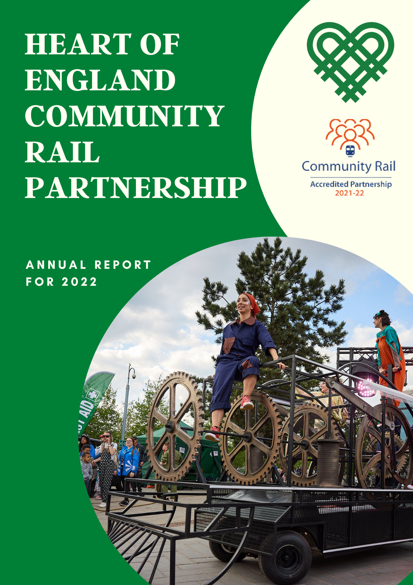 Picture of a performer on top of a metal train On a green and cream background with Heart of England Community Rail Partnership Annual Report 2022