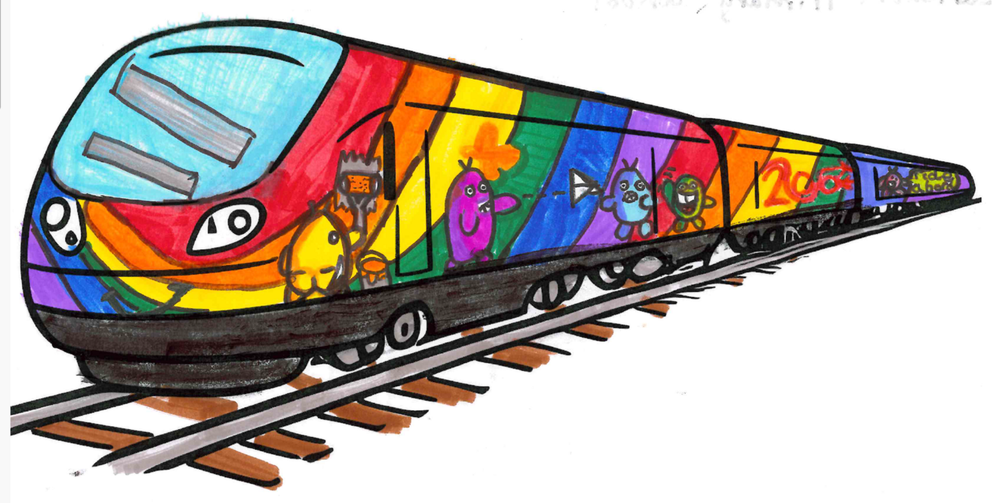Outline of a train decorated in bands of bright colours.