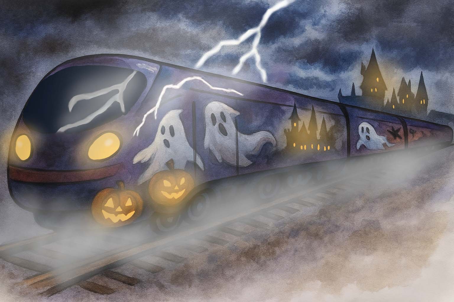 A train decorated with ghosts and pumpkins with a spooky haunted castle background