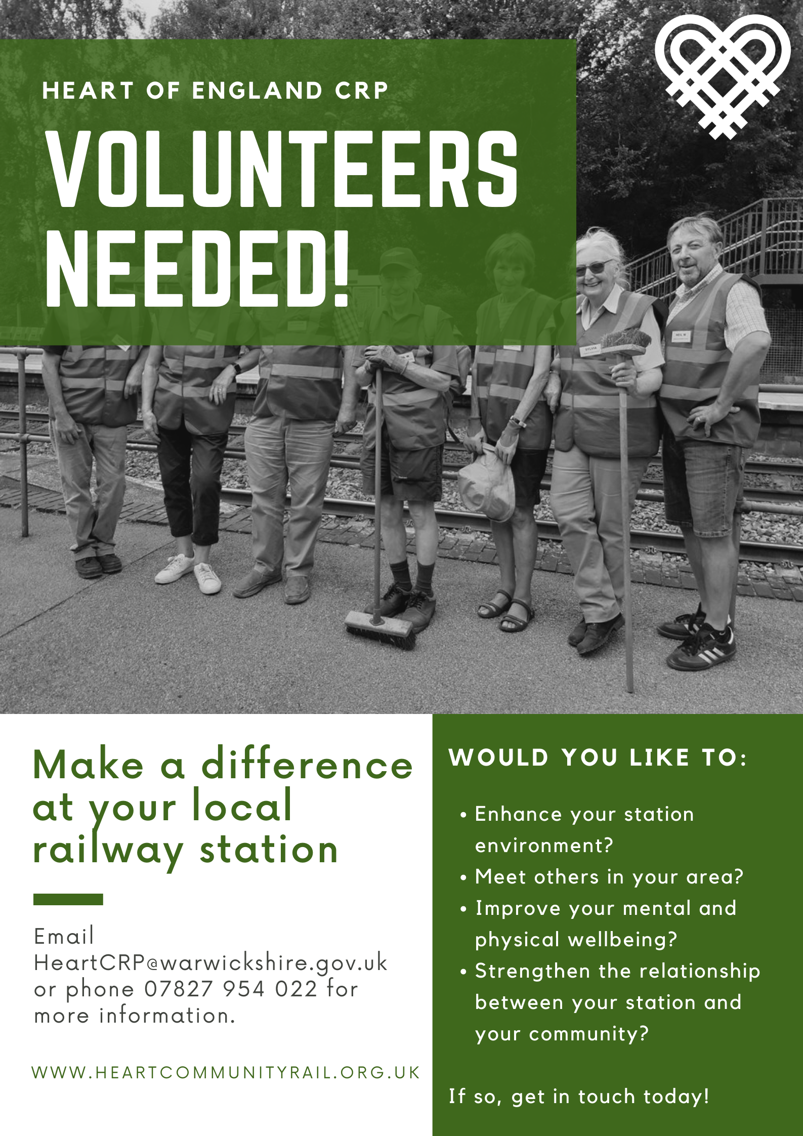 Black and white photo of 6 volunteers in high vis vests, leaning on tools at a train station.  Text in white and green about station adoption.