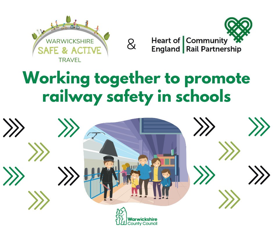 A cartoon image of a family on a train station platform with a guard.